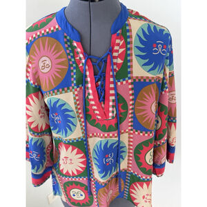 Johnny Was Womens Sz Small Sun Print Lionora Front Tie Villa Silk Blouse Top NWT